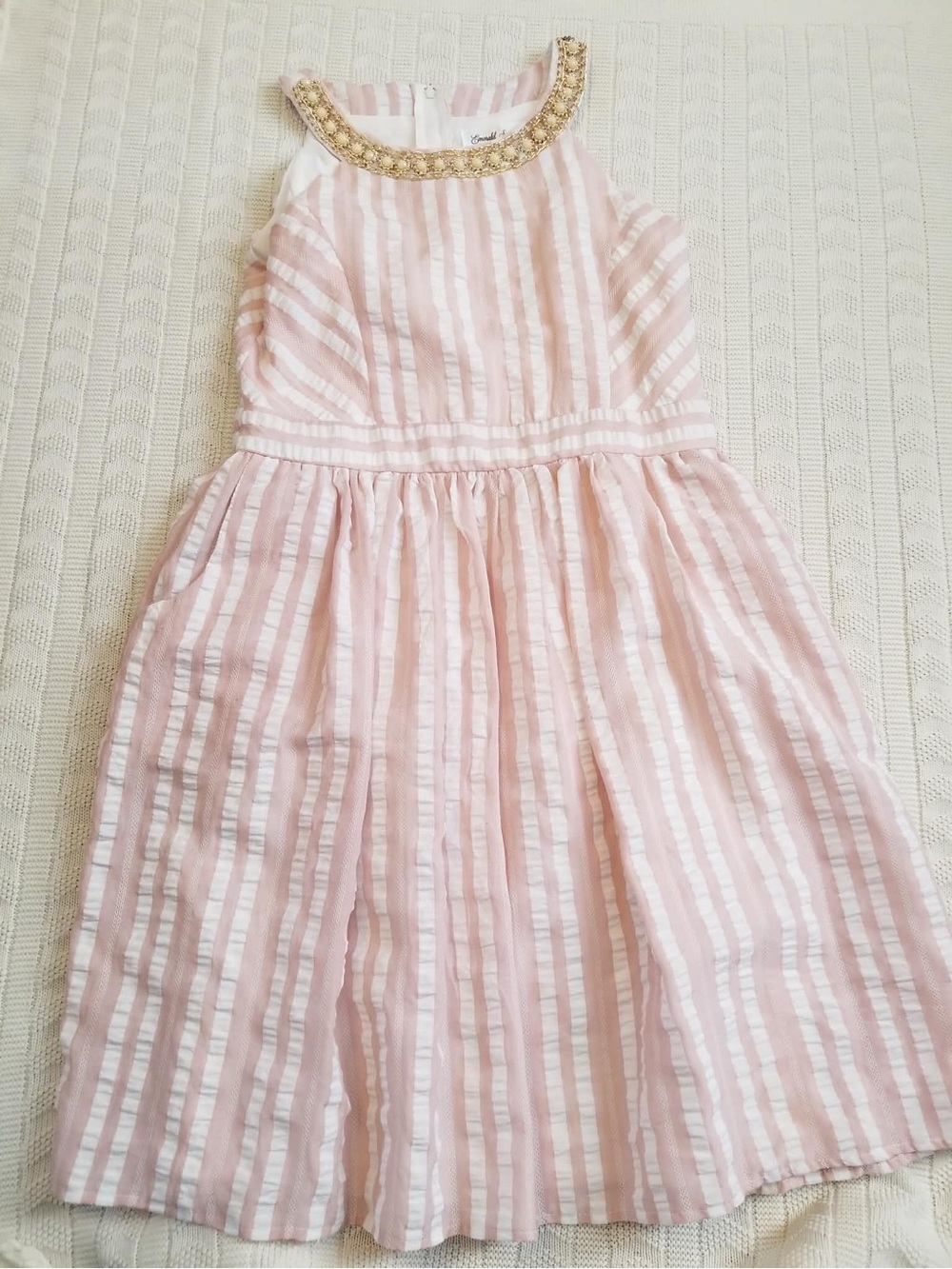 Emerald Sundae Pink and White Striped Sleeveless Dress with Beaded Collar